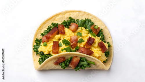Breakfast Burrito Tacos Scrambled eggs and bacon breakfast burrito with fresh kale and green onion in soft tortilla taco shell