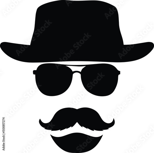Mystery man: A minimalist monochrome silhouette featuring a stylish hat, sleek sunglasses, a distinguished mustache, and a subtle smile, embodying intrigue and sophistication.
