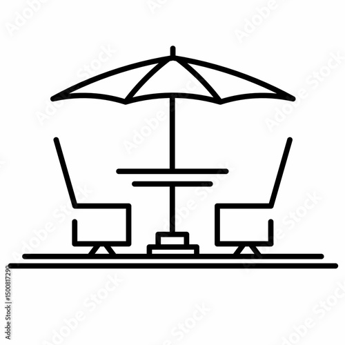Terrace icon with outdoor table, umbrella, and two chairs in minimalist line style. Perfect for garden, cafe, balcony, or summer resort design use.