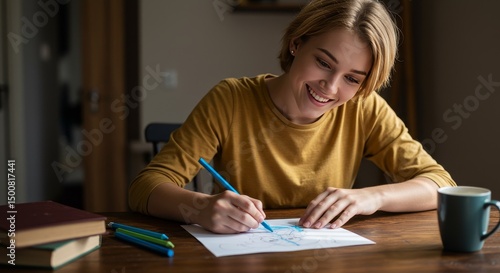 Photo of Happy Woman Drawing with Pencil Smiling at a Wooden Table