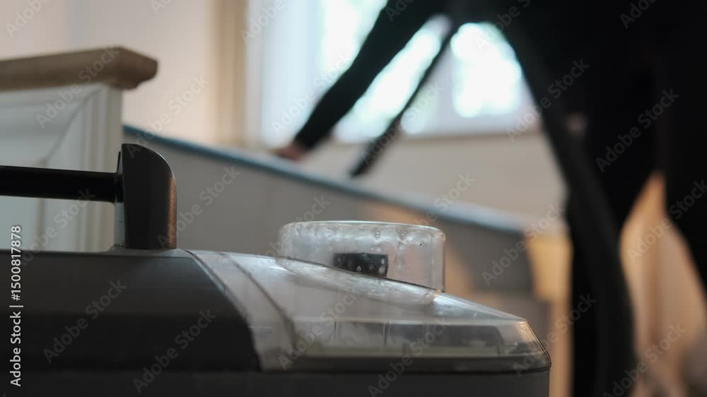Professional cleaning of upholstered furniture. Spray extraction cleaner machine in foreground during professional mattress cleaning in a bedroom environment for healthy sleeping environment Professional cleaning of upholstered furniture. Spray extraction cleaner machine in foreground during professional mattress cleaning in a bedroom environment for healthy sleeping environment