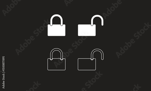 Variations of Locked and Unlocked Padlock Icon Set. The bold contrast of white icons on a black background enhances visibility, ensuring clarity and instant recognition.