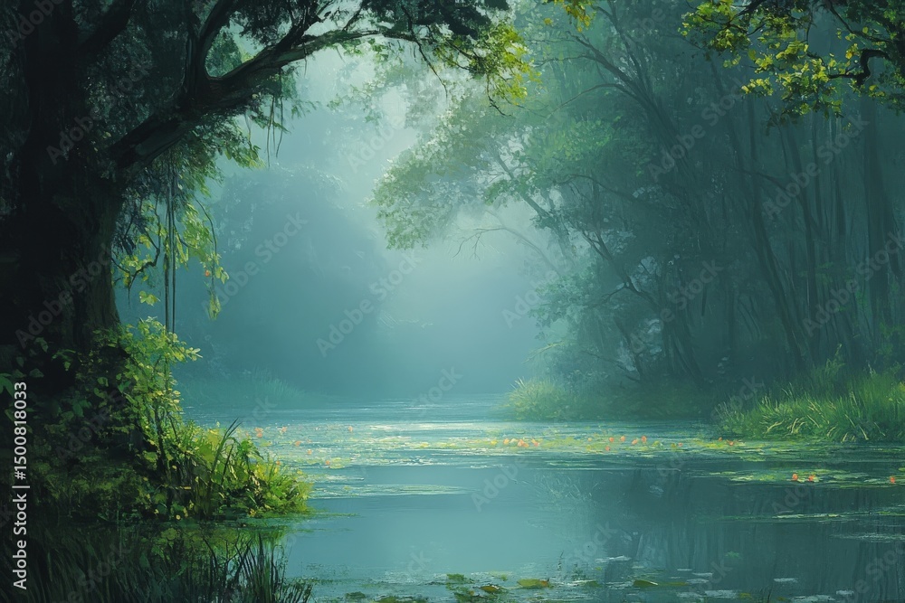 Fototapeta premium Misty swamp landscape with green trees