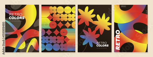 Postmodern geometric vertical banner set. Abstract composition with vector shapes in brutalism aesthetics. Mosaic of brutal figures in trendy color retro. Futuristic cards with modernist ornament