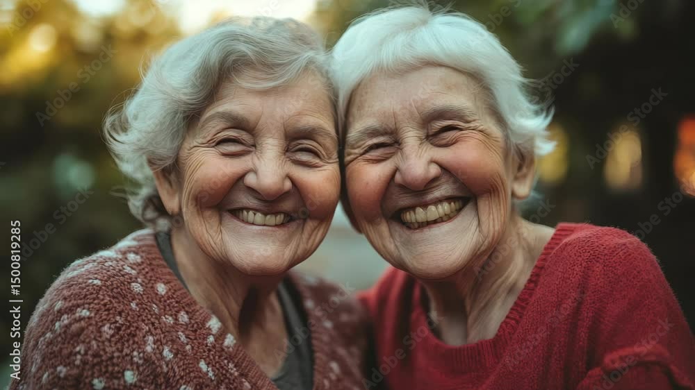 Two Senior Women Smiling and Embracing, Close-Up Portrait of Elderly Ladies with White Hair, Friendship and Happiness in Golden Hour Light Two Senior Women Smiling and Embracing, Close-Up Portrait of Elderly Ladies with White Hair, Friendship and Happiness in Golden Hour Light
