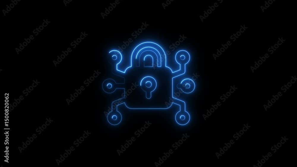 Glowing blue neon cyber security circuit board lock on black background Glowing blue neon cyber security circuit board lock on black background
