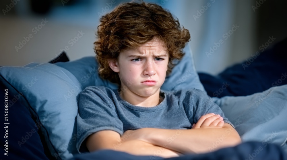 Obraz premium Young boy with curly hair shows frustration or annoyance while sitting on a sofa at home