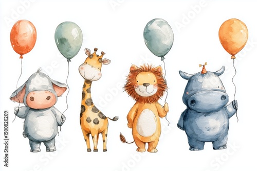cute cartoon water color whimsical concept for kids whimsical watercolor isolated on white Cute watercolor animals with balloons, perfect for children's decor and party invitations