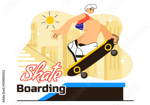 Skateboarding Vector Illustration featuring Skateboarders Jumping on a Springboard in a Skatepark, Extreme Sports Activities in a Flat Background