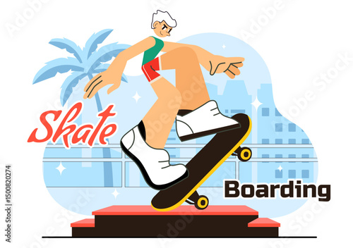 Skateboarding Vector Illustration featuring Skateboarders Jumping on a Springboard in a Skatepark, Extreme Sports Activities in a Flat Background