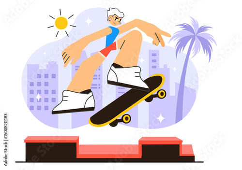 Skateboarding Vector Illustration featuring Skateboarders Jumping on a Springboard in a Skatepark, Extreme Sports Activities in a Flat Background
