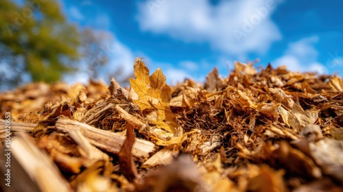 Golden leaf resting on a pile of wood chips, against a bright blue sky and blurred trees
