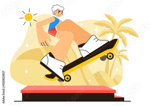 Skateboarding Vector Illustration featuring Skateboarders Jumping on a Springboard in a Skatepark, Extreme Sports Activities in a Flat Background