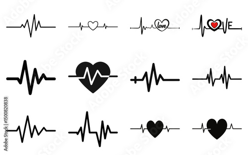 Set of heartbeat pulse heart pulse silhouette vector illustration. Medical cardiology symbols and health monitoring icons
