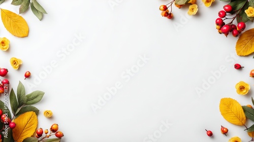 Wallpaper Mural Autumn composition with autumn leaves and berries on a white background in flat lay top view, featuring copy space for design templates or seasonal decor. Torontodigital.ca