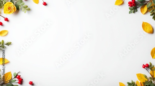 White background autumn flat lay top view with autumn leaves and berries, including copy space for creating festive greeting cards or social media graphics.