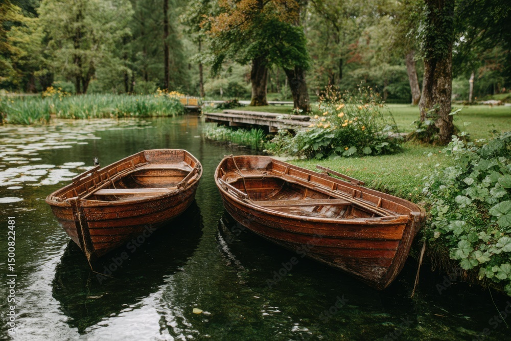 Obraz premium Twin wooden rowboats float on a serene, overgrown river; a charming rural idyll with foliage