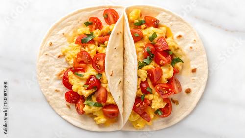 Breakfast Burrito Tacos Scrambled egg breakfast tacos with fresh tomato and herbs on soft tortilla for tasty burrito meal