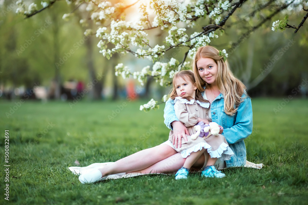 Fototapeta premium Pregnant mother hugging her daughter in a blooming apple orchard in spring