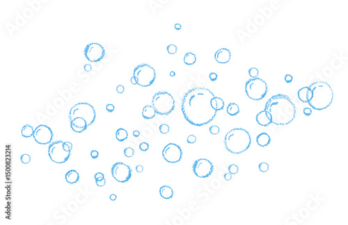Cartoon soap bubbles. A foam sample with blue pastel round shapes. Vector charcoal illustration of a card with shampoo or drinking foam. Simple soap background. Oxygen circles flying