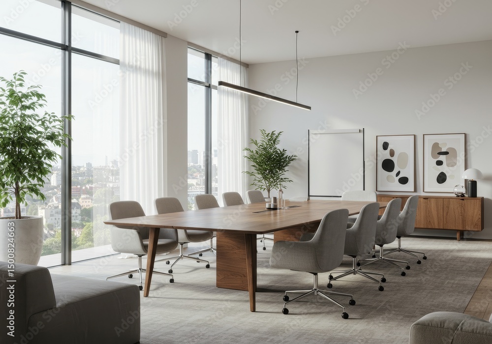 Fototapeta premium Photo Of Modern Conference Room Interior With Large Window and Wooden Table