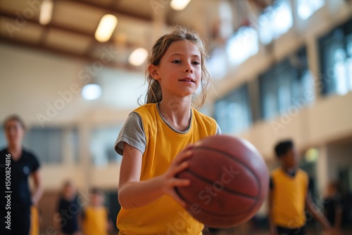 Schoolgirl practicing basketball while having PE class with sports teacher and classmates at school gym. High quality