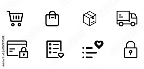 Set of E-commerce & Shopping icon vectors. Shopping cart, price tag, delivery truck, package box, secure payment, wishlist icons
