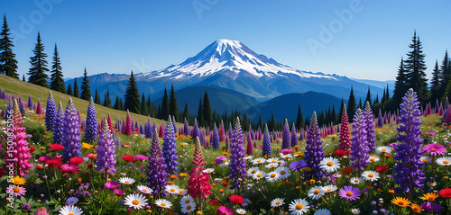 A vivid, colorful landscape of wildflowers—lupines, paintbrushes, and daisies—spreading across alpine meadows, with Mount Rainier’s snow-covered peak rising majestically in the background.