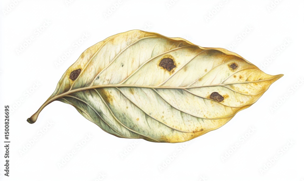 Fototapeta premium Diseased leaf, autumn colors, close-up, isolated, botanical illustration, nature study, for educational or scientific use