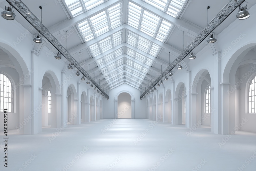 Obraz premium Bright, empty white hall with arched windows and skylight