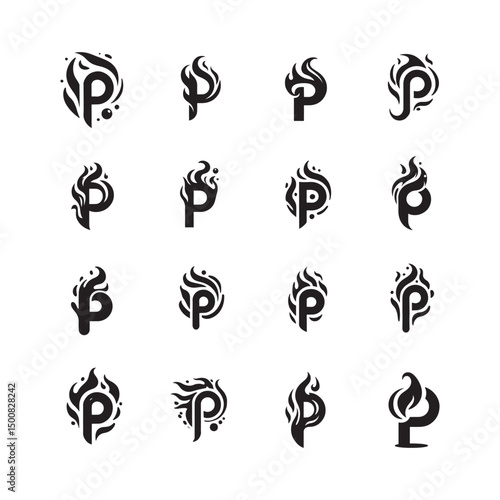 Flaming letter P logo icon set with fire shape silhouette, abstract burning fire flame alphabet P logo collection for modern business and branding

