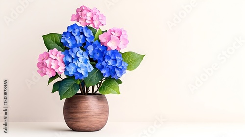 A dark brown rounded vase holds a bouquet of pink and blue hydrangeas with vibrant green leaves against a muted beige background
