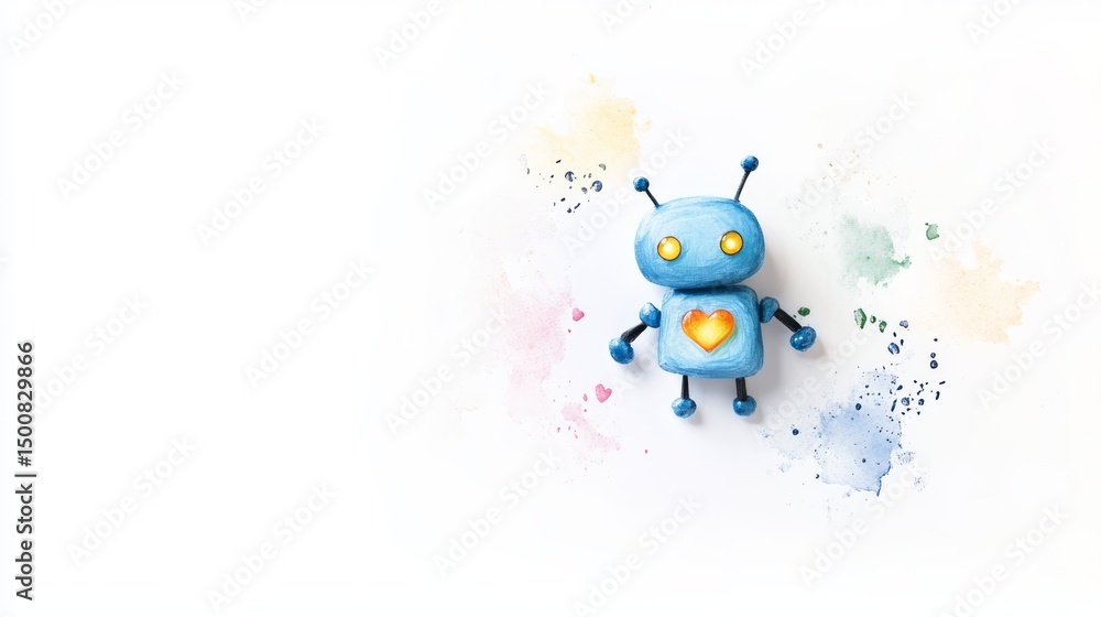 Obraz premium Colorful Handcrafted Robot Toy with Heart on White Background