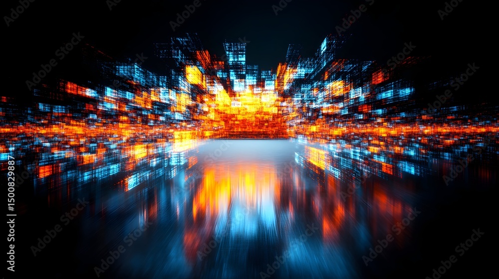 Naklejka premium Glowing, abstract cityscape reflected on a dark, glossy surface; vibrant orange and blue hues dominate, creating a sense of depth and movement