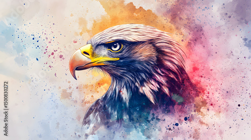Abstract eagle painting in watercolor style on abstract watercolor background with color splashes and blur effect. Abstract animal background.