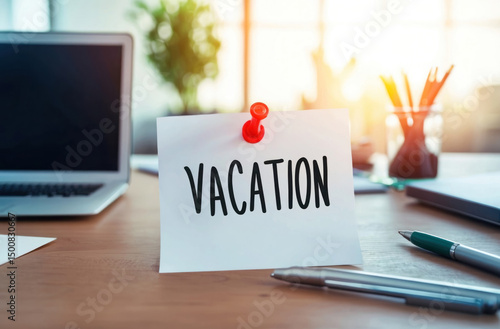 “Vacation” note on office desk. Laptop supplies, blurred background.
