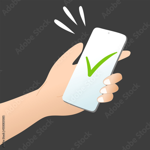 hand holding mobile phone with green check mark alert.