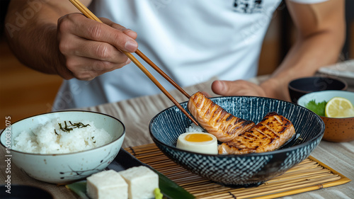 和朝食を楽しむ男性の手元