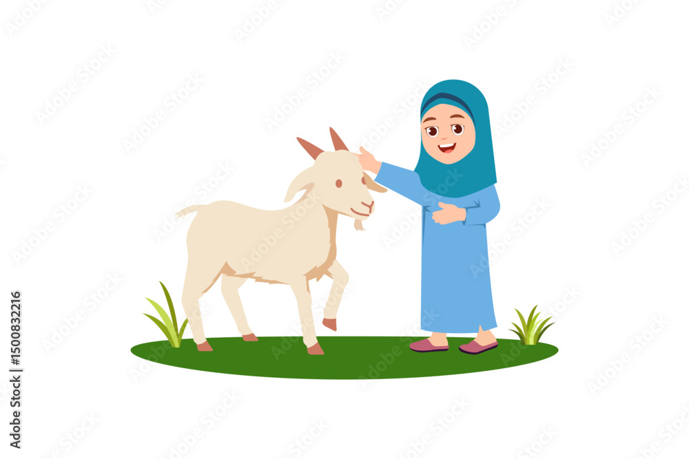 Little muslim girl playing with a baby goat. Eid al Adha vector illustration Little muslim girl playing with a baby goat. Eid al Adha vector illustration