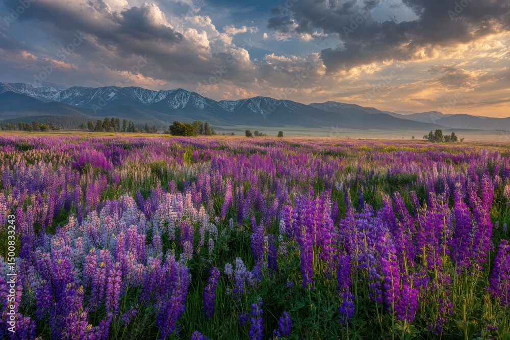 Naklejka premium Lupine field blooms below snow-capped mountains under a dramatic, cloudy sky at sunrise