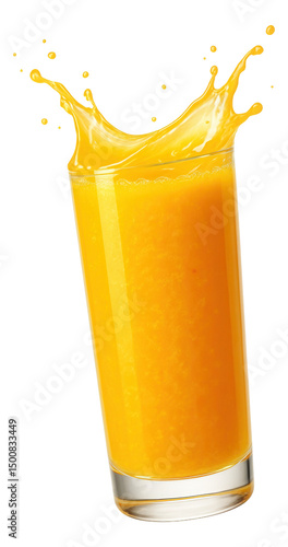 A glass of fresh orange juice with a vibrant splash out of the top.