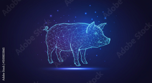 Fototapeta Naklejka Na Ścianę i Meble -  A polygonal pig illuminated with blue light standing on a dark blue background with glowing particles