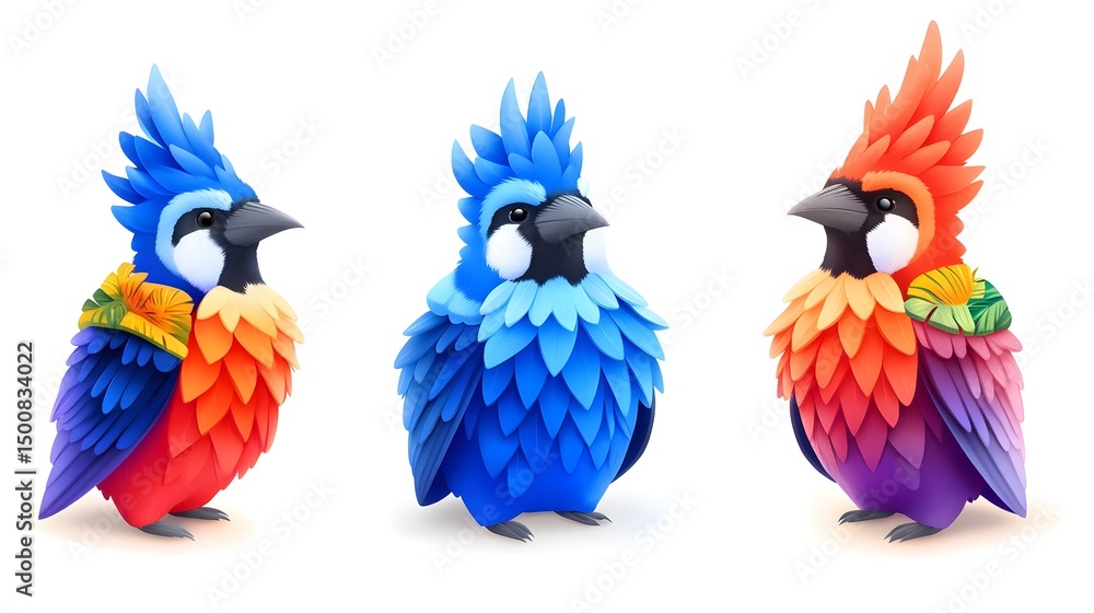 Fototapeta premium Three stylized, plump birds in vibrant hues of blue, red, and orange, with textured feathers and small floral accents on their chests, set against a white background