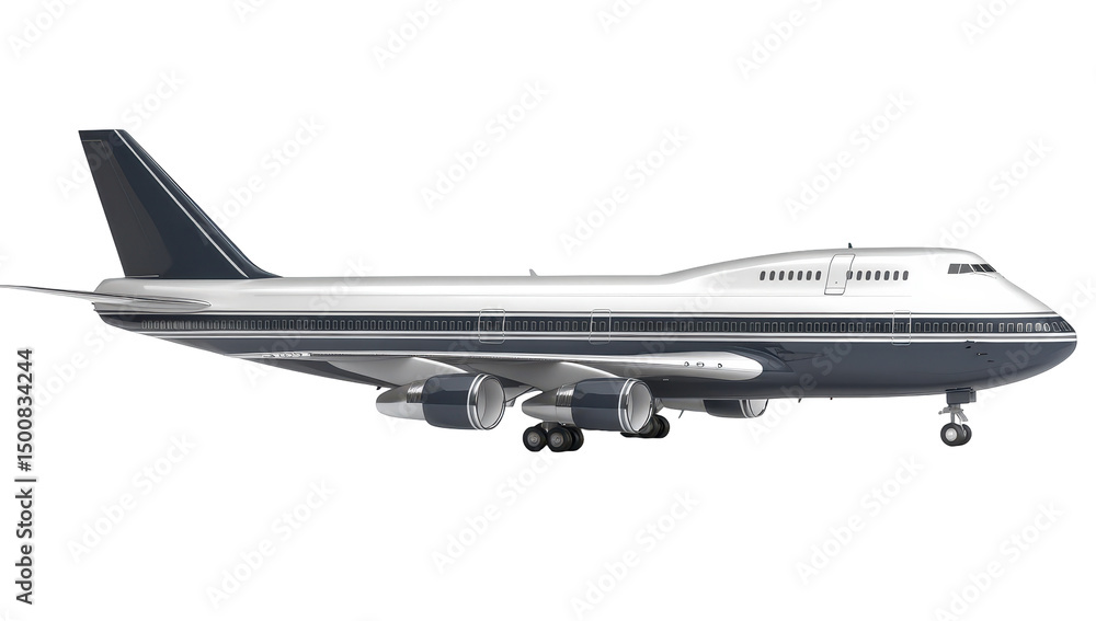 Side view of a large commercial jetliner, predominantly white with navy accents Side view of a large commercial jetliner, predominantly white with navy accents