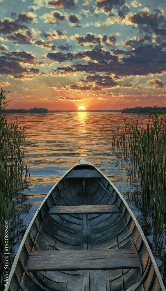 Obraz premium Sunset over tranquil lake from a rowboat