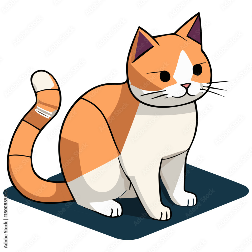 Fototapeta premium Cute Orange and White Cat Sitting on Dark Mat Illustration