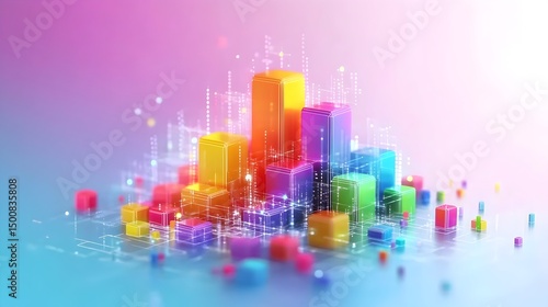 Vibrant, multicolored 3D blocks forming a dynamic, data-driven cityscape on a soft gradient background