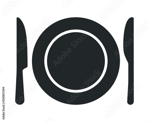 Simple Black and White Icon of a Plate with Knife and Fork for Restaurant Menu or Website Design