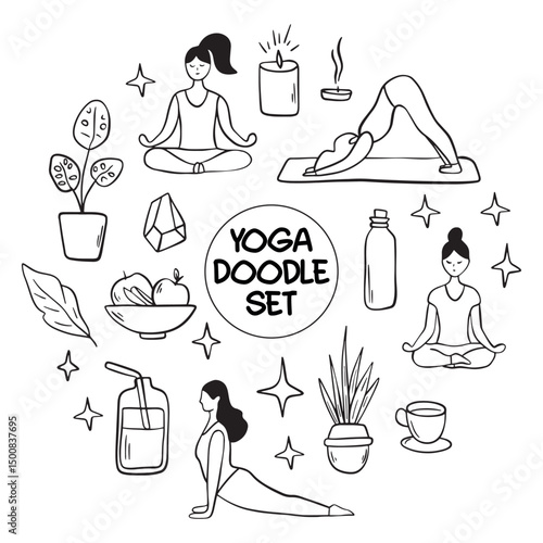 Collection of yoga, relax, meditation doodles illustrating poses and symbols for wellness enthusiasts