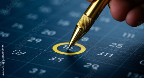 Golden pen marking the fifteenth day on a blue calendar symbolizing appointments, planning and time management
